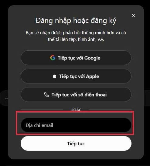 Hộp đăng nhập ChatGPT với ô Địa chỉ email được đánh dấu