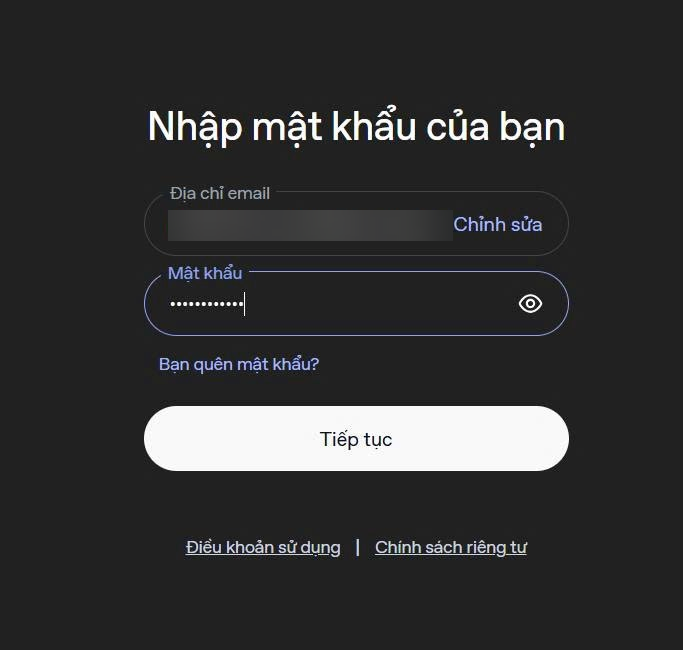 Màn hình nhập mật khẩu ChatGPT, địa chỉ email mẫu đã được làm mờ