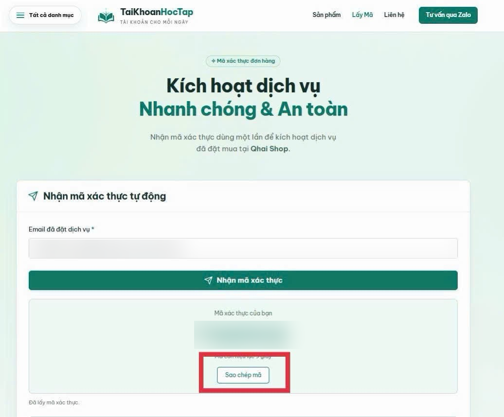 Trang lấy mã xác thực, email và mã ví dụ đã được làm mờ