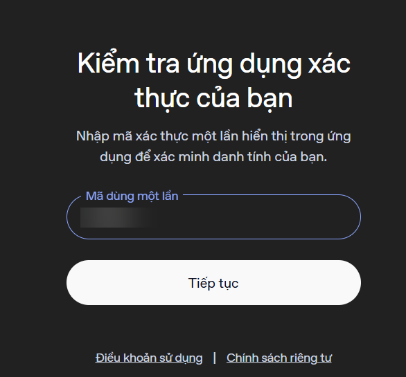 Màn hình nhập mã dùng một lần, mã ví dụ đã được làm mờ